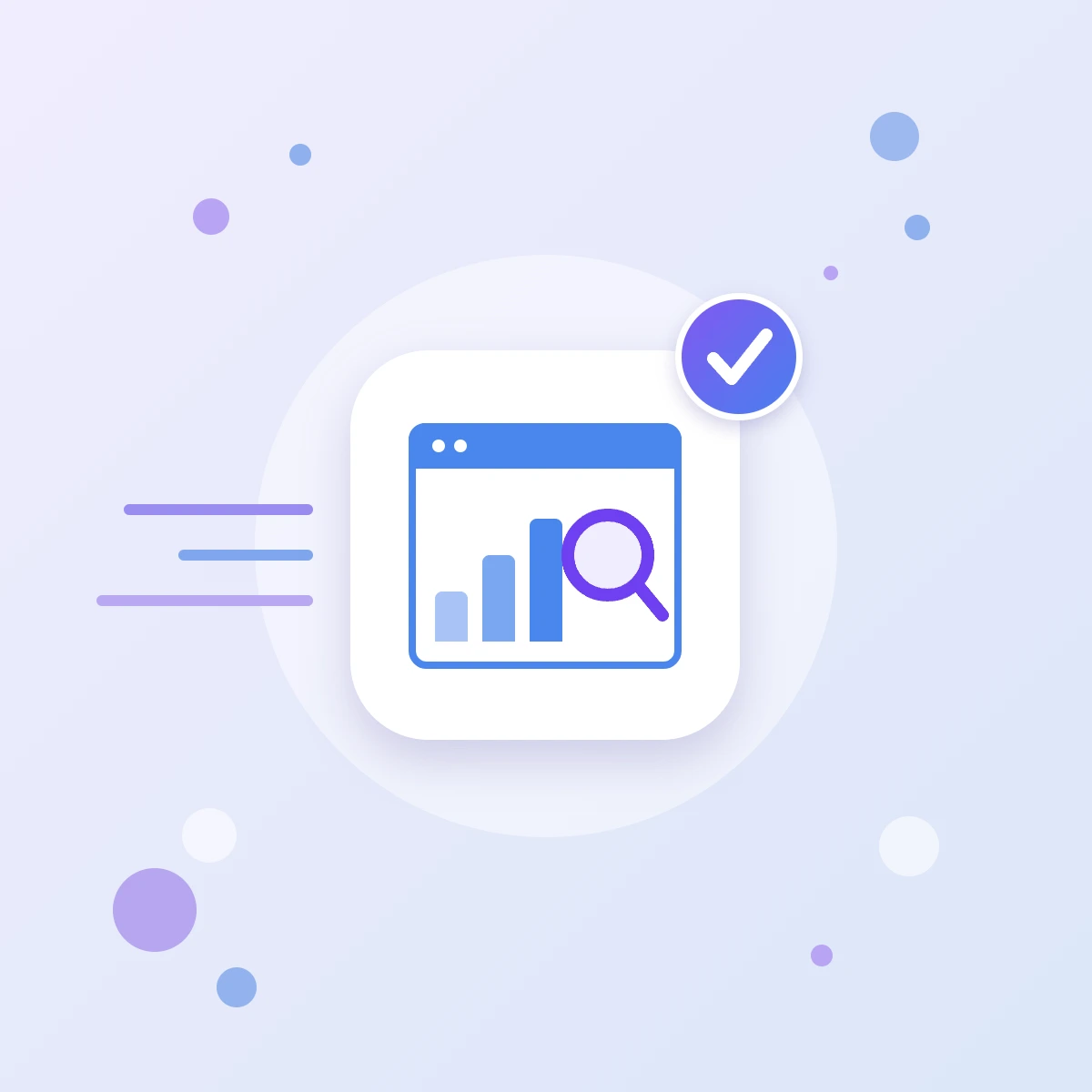 Google Search Console setup icon: a browser window with a chart and a magnifying glass, checking how visible a website is in Google search