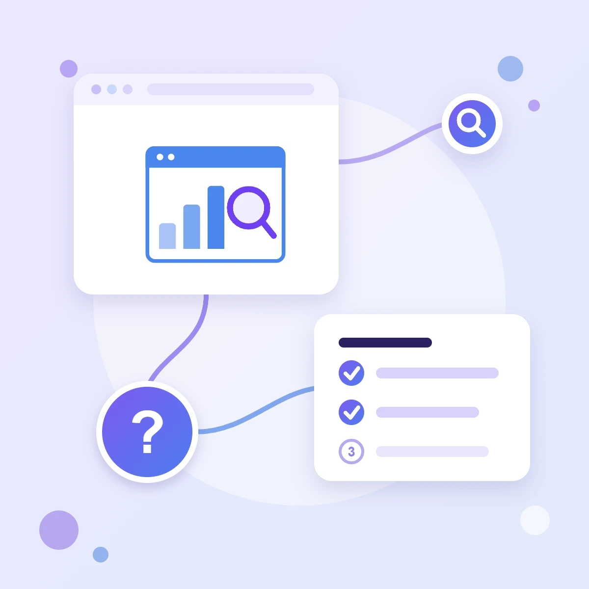 A window with a Search Console chart and magnifier, a step checklist and a question mark — a guide to adding a site to Search Console