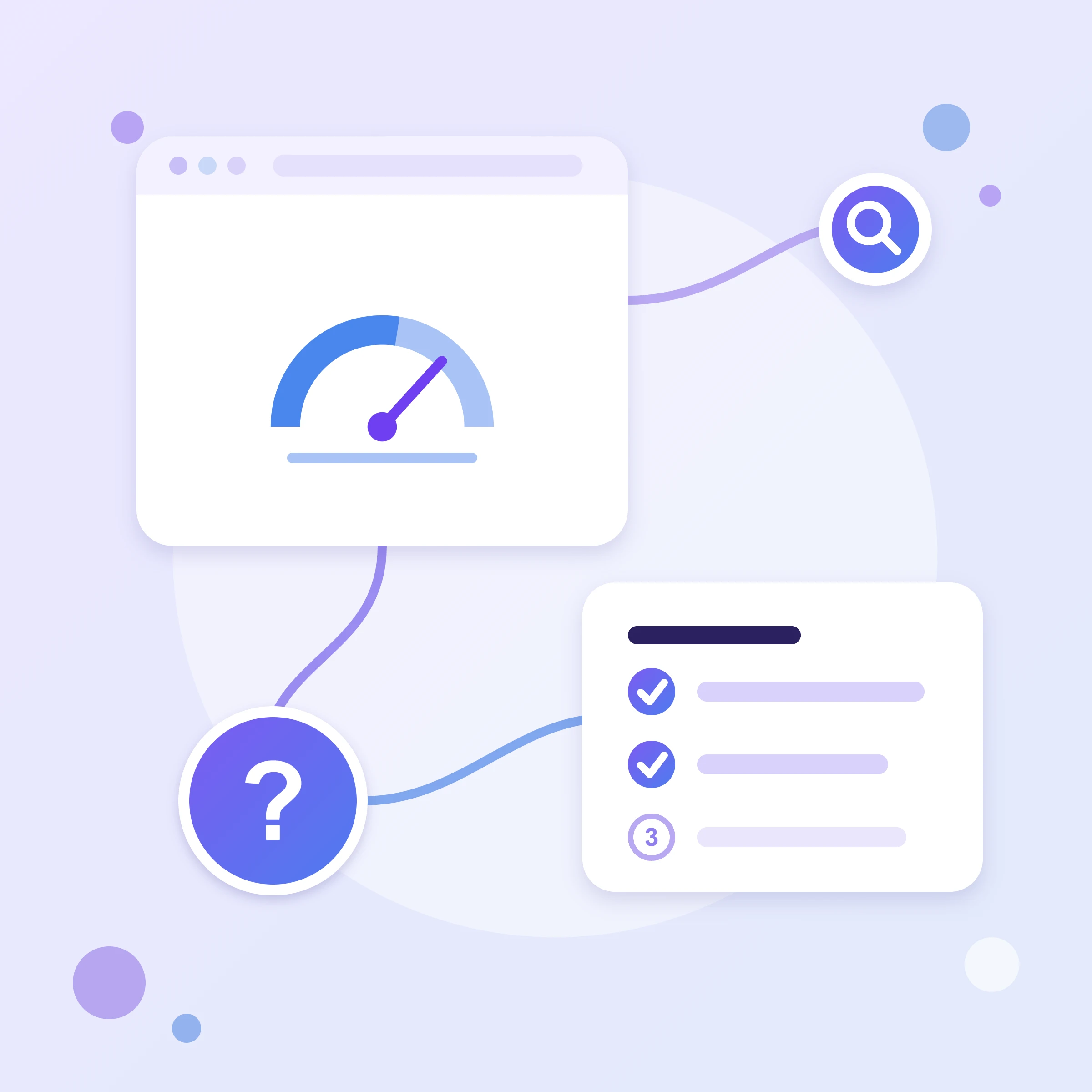 A speed gauge with a needle in a browser window, a step checklist and a question mark — a guide to checking Core Web Vitals