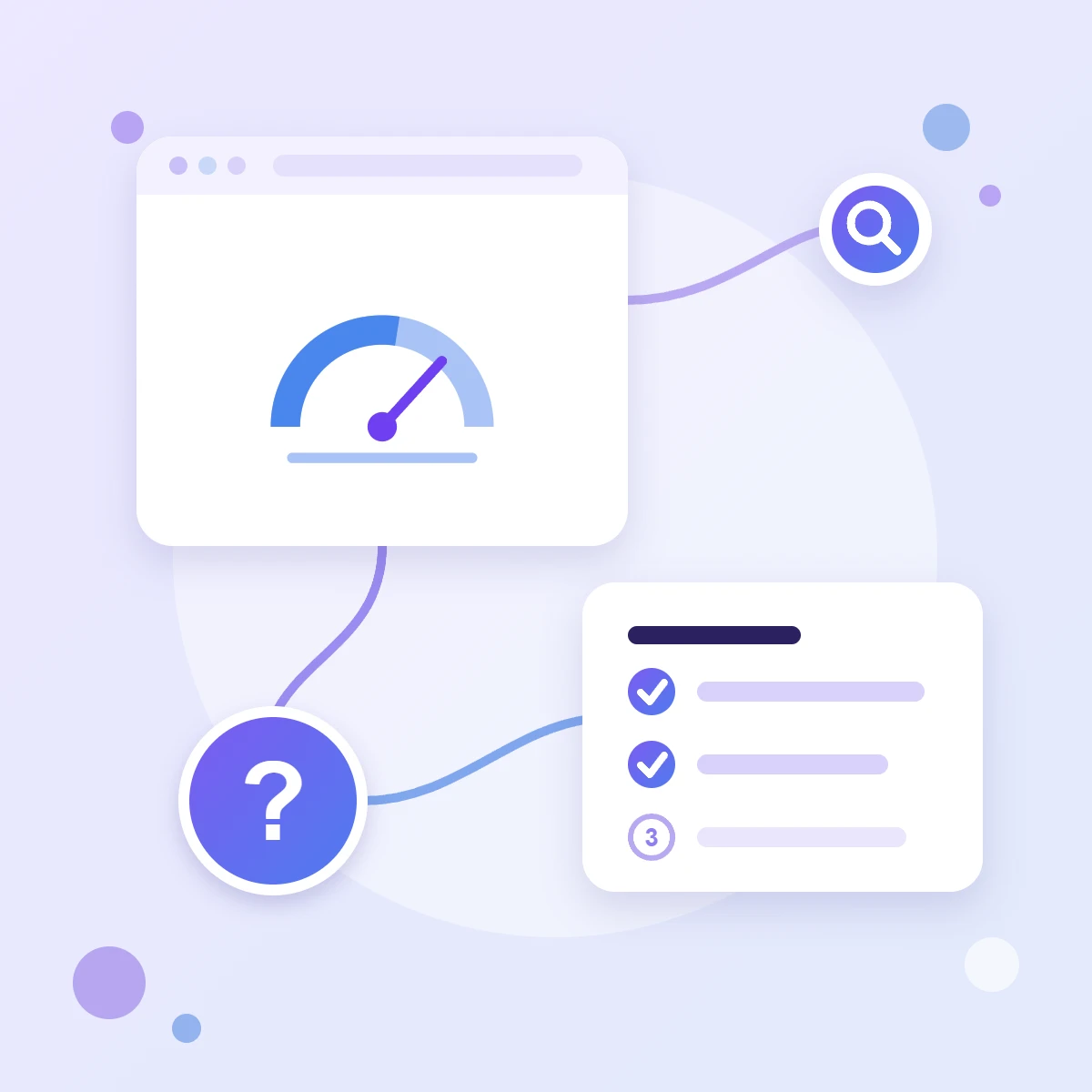 A speed gauge with a needle in a browser window, a step checklist and a question mark — a guide to checking Core Web Vitals
