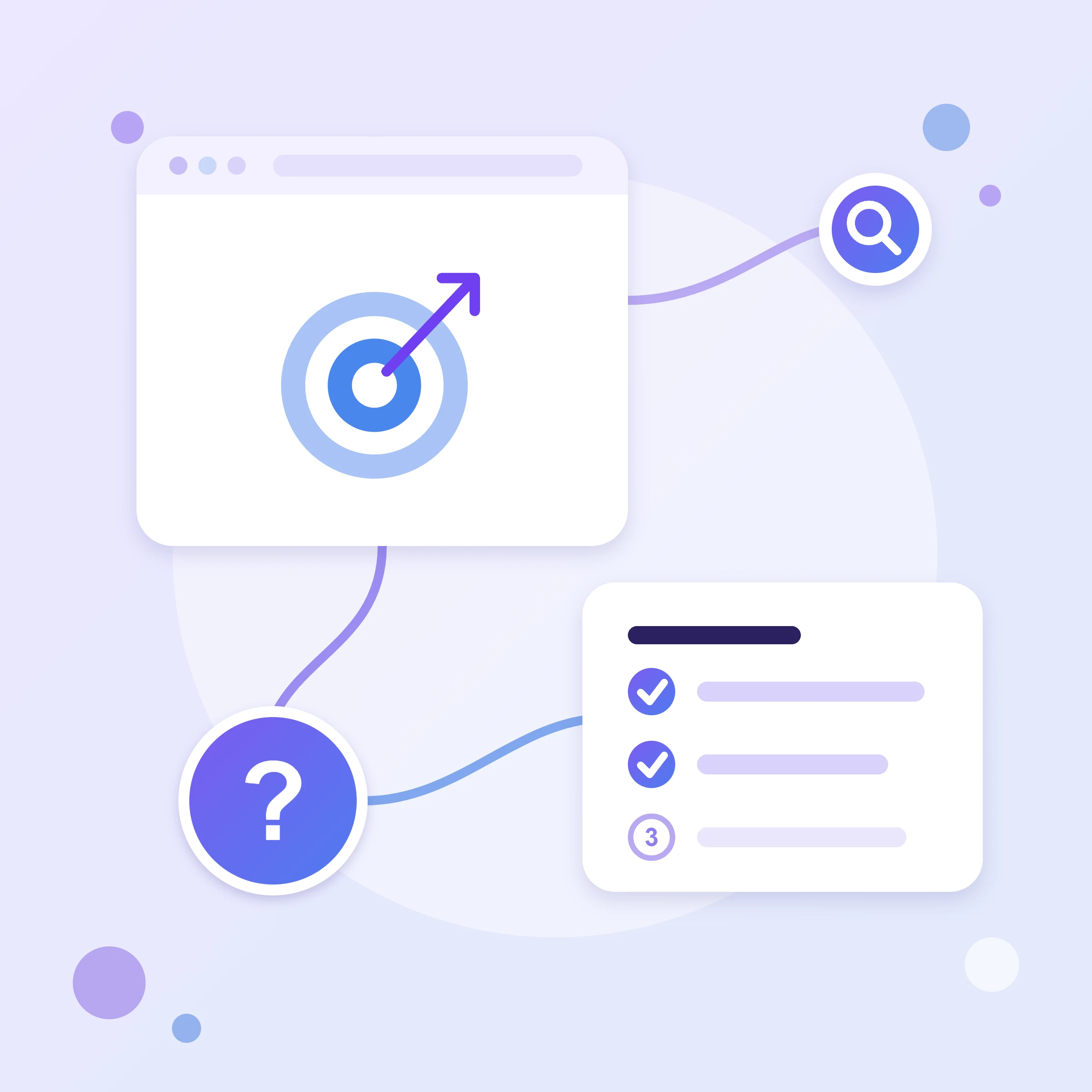 A target with an arrow in a browser window, a step checklist and a question mark — a guide to checking Google Ads conversions