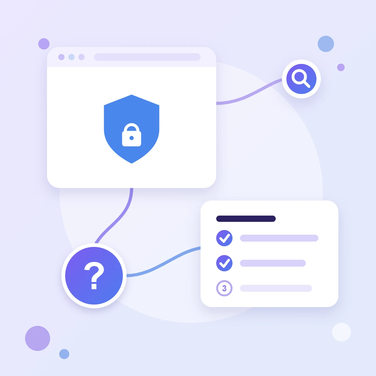 A shield with a padlock in a browser window, a step checklist and a question mark — a guide to choosing reCAPTCHA and getting keys