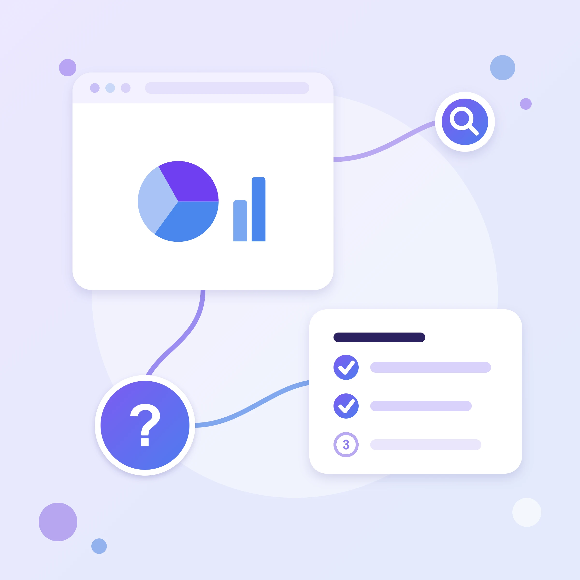 Pie and bar charts in a browser window, a step checklist and a question mark — a guide to building a Data Studio report