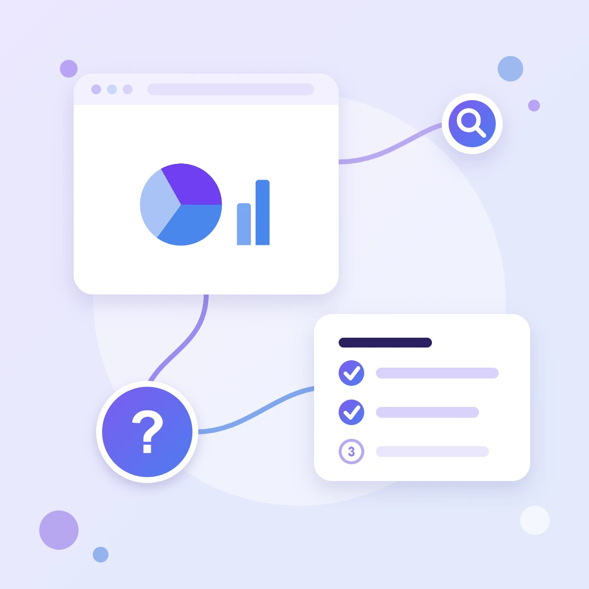 Pie and bar charts in a browser window, a step checklist and a question mark — a guide to building a Data Studio report