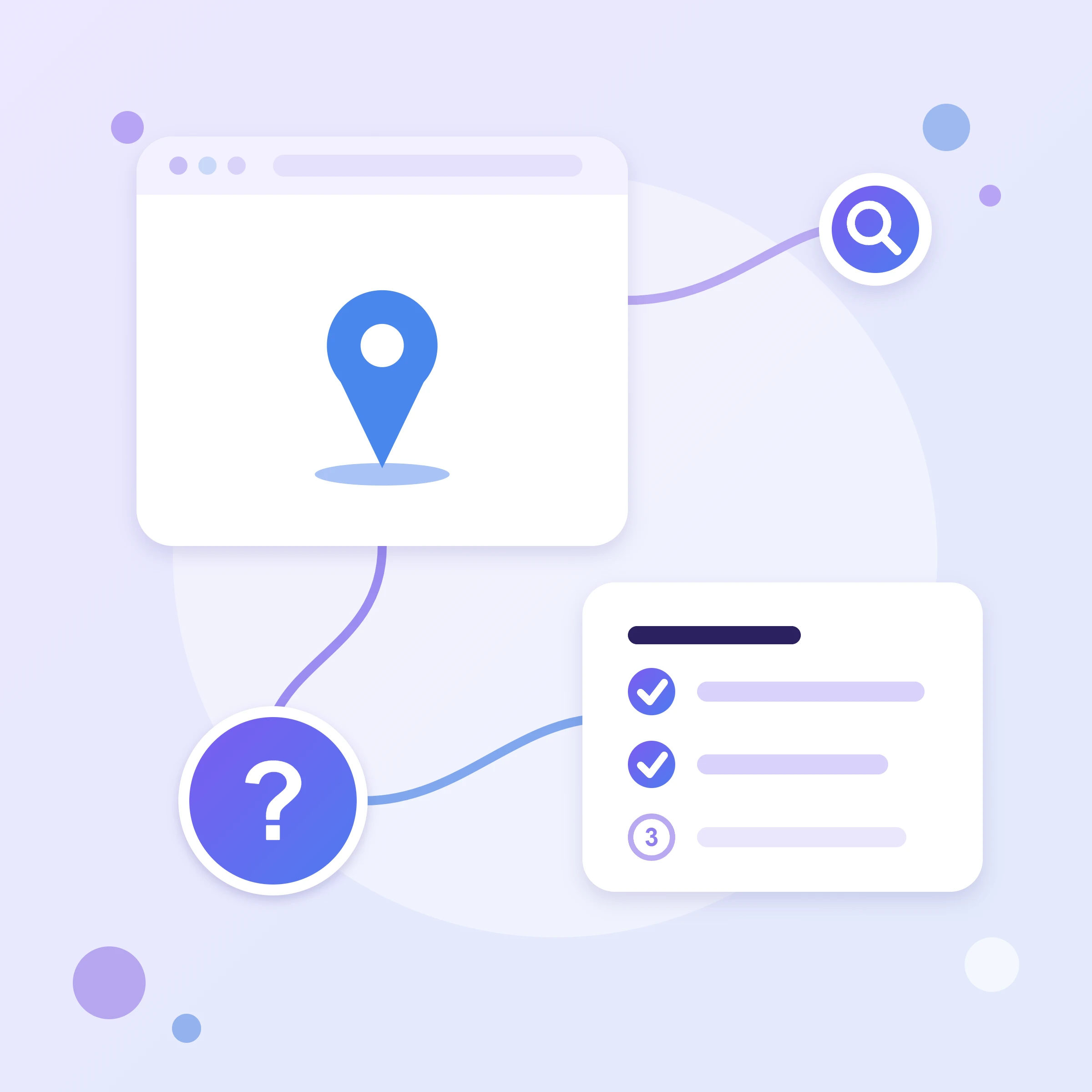 A map pin in a browser window, a step checklist and a question mark — a guide to embedding a Google map on a website