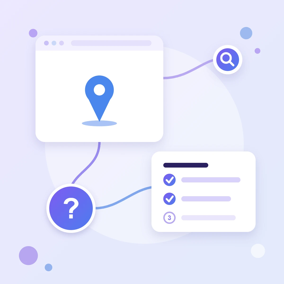 A map pin in a browser window, a step checklist and a question mark — a guide to embedding a Google map on a website