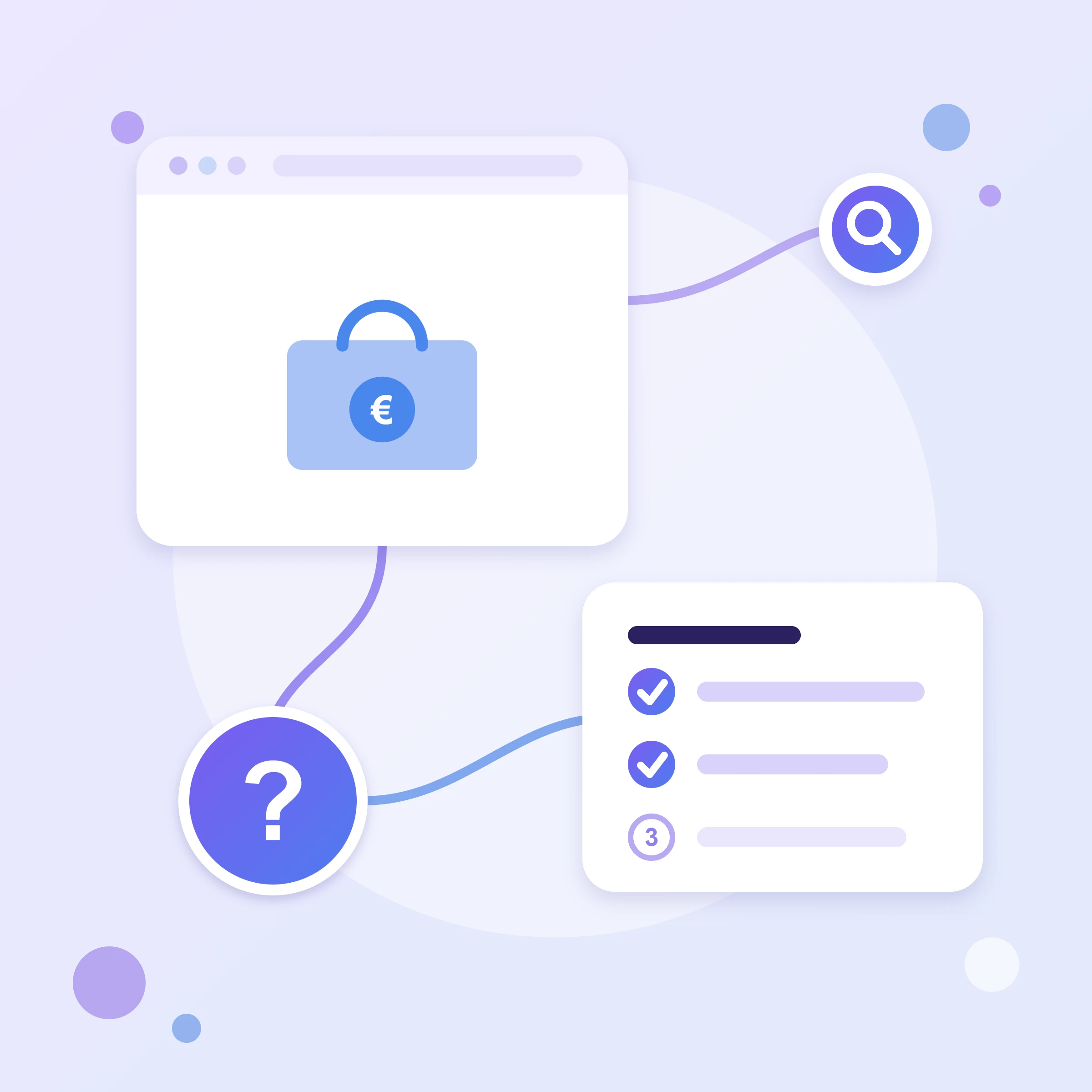 A shopping basket with a euro sign in a browser window, a step checklist and a question mark — a guide to fixing products in Merchant Center