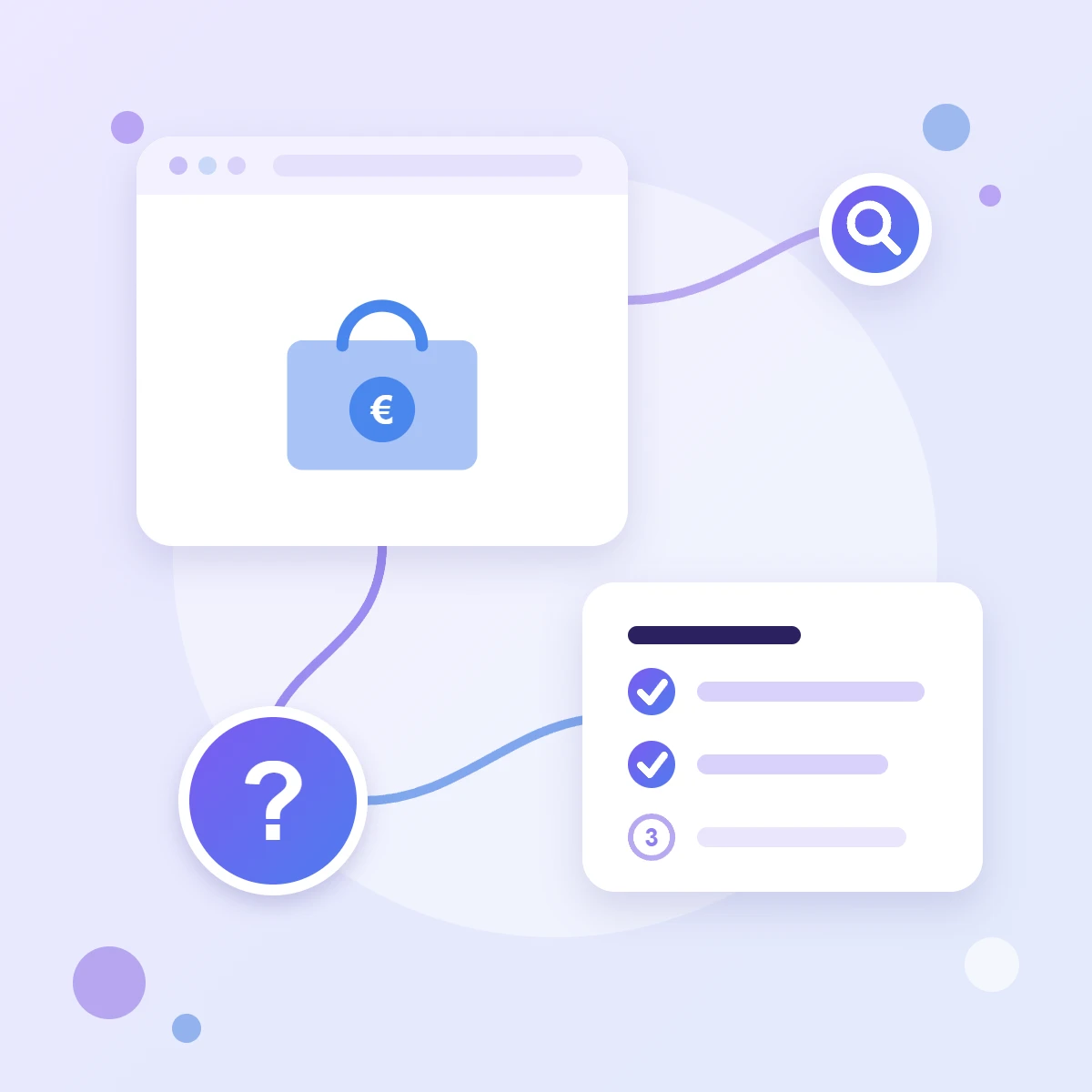 A shopping basket with a euro sign in a browser window, a step checklist and a question mark — a guide to fixing products in Merchant Center