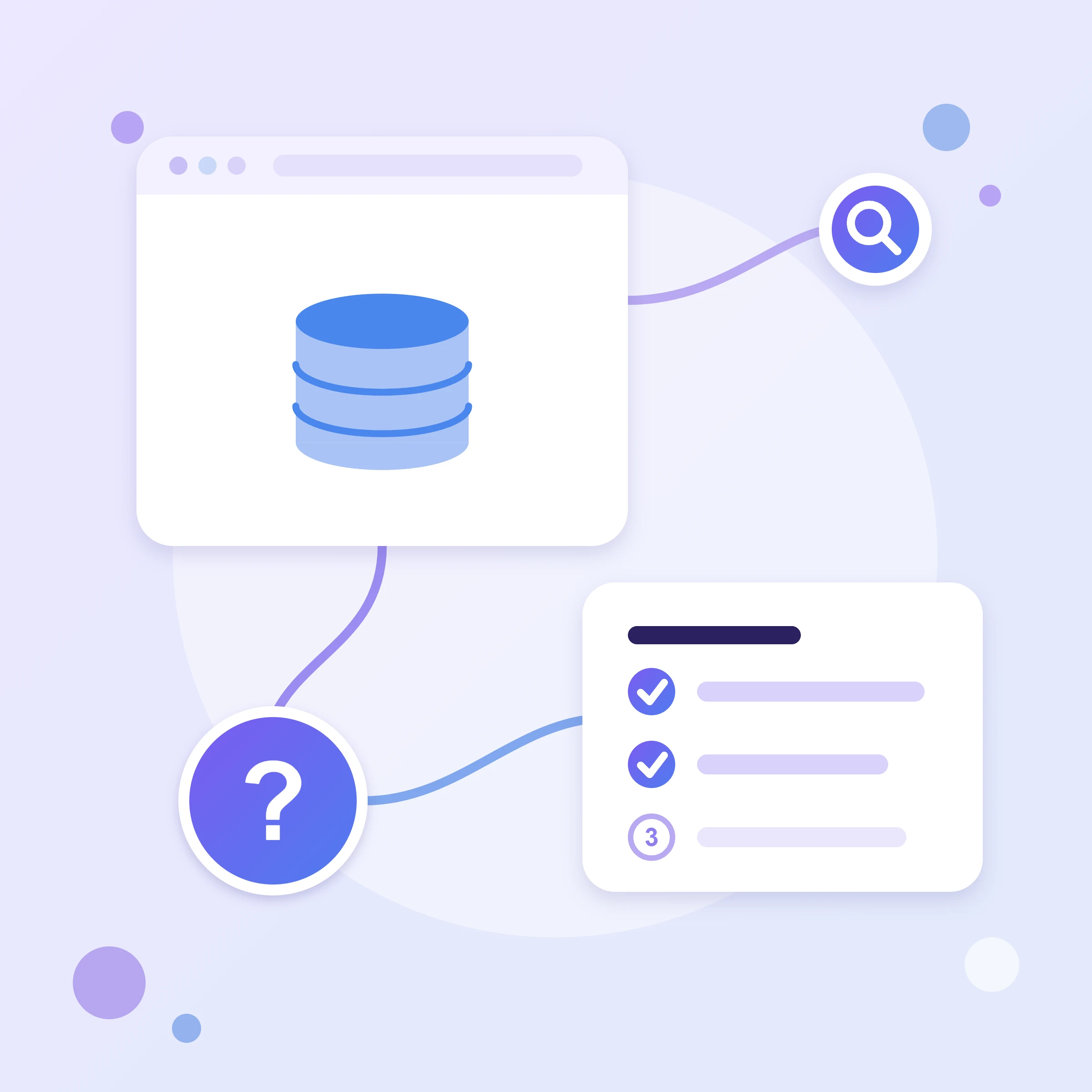 A database icon in a browser window, a step checklist and a question mark — a guide to first queries on GA4 data in BigQuery