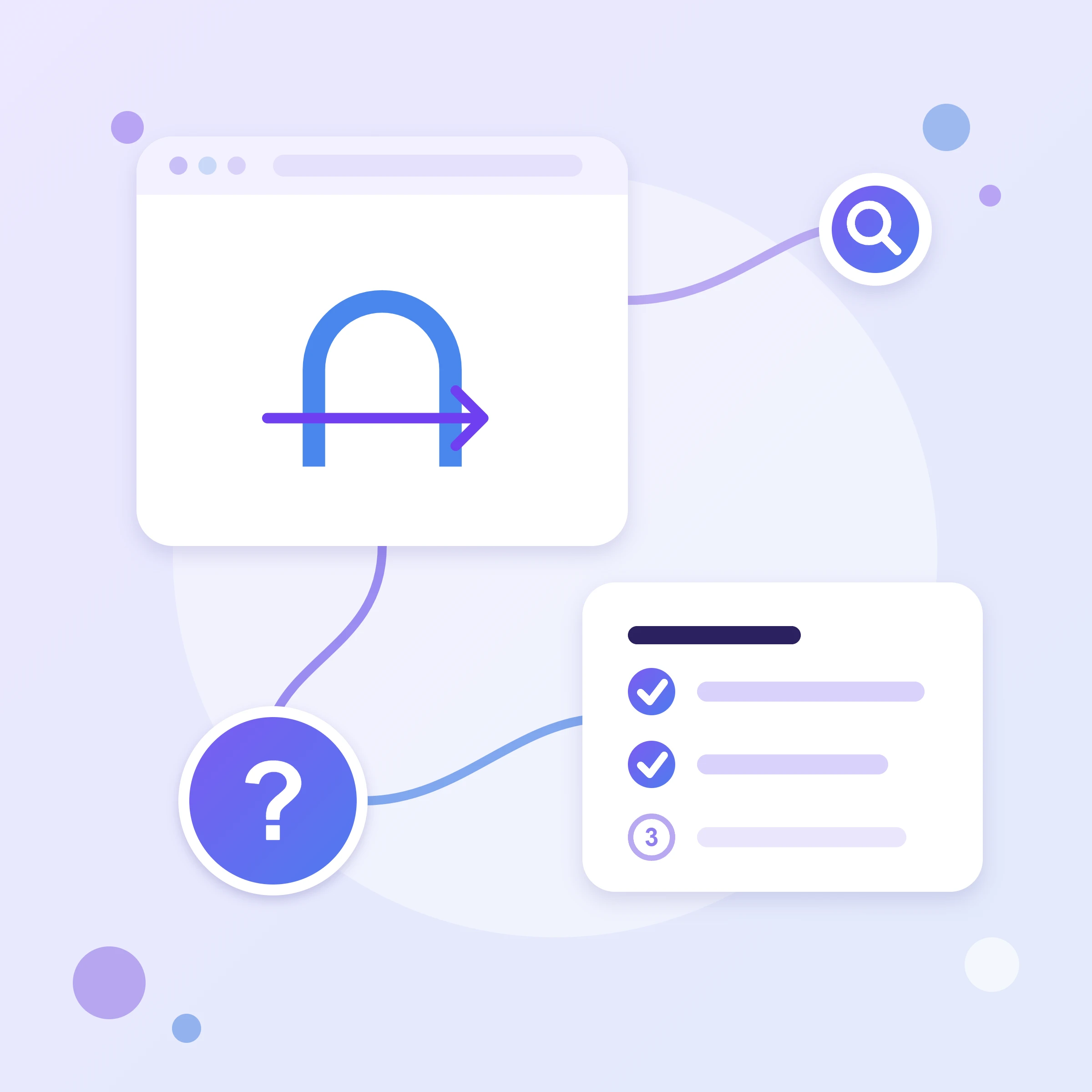 A gateway arch with an arrow in a browser window, a step checklist and a question mark — an explanation of how Google tag gateway works