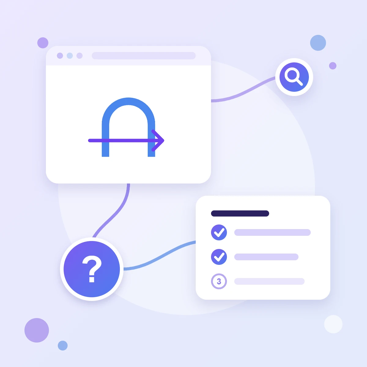 A gateway arch with an arrow in a browser window, a step checklist and a question mark — an explanation of how Google tag gateway works
