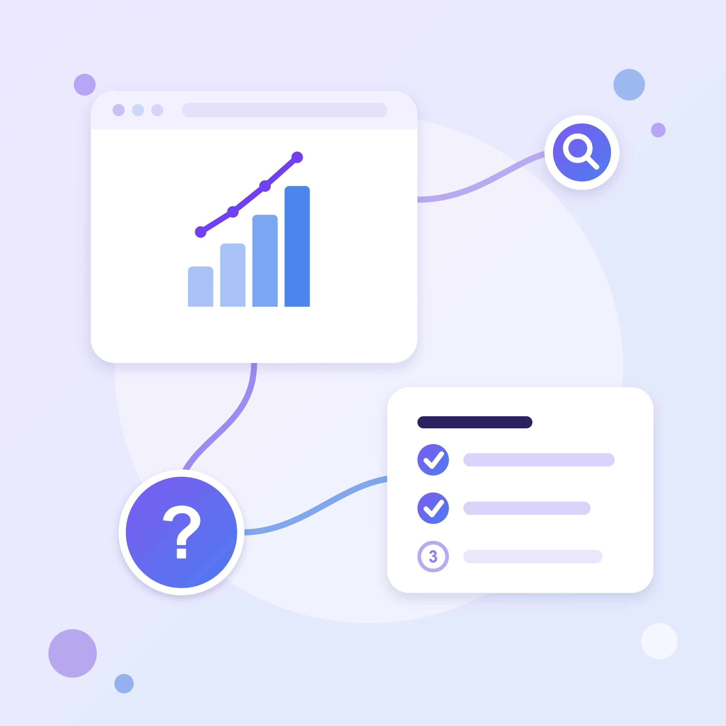 A bar chart with a growth line in a browser window, a step checklist and a question mark — a guide to installing Google Analytics 4