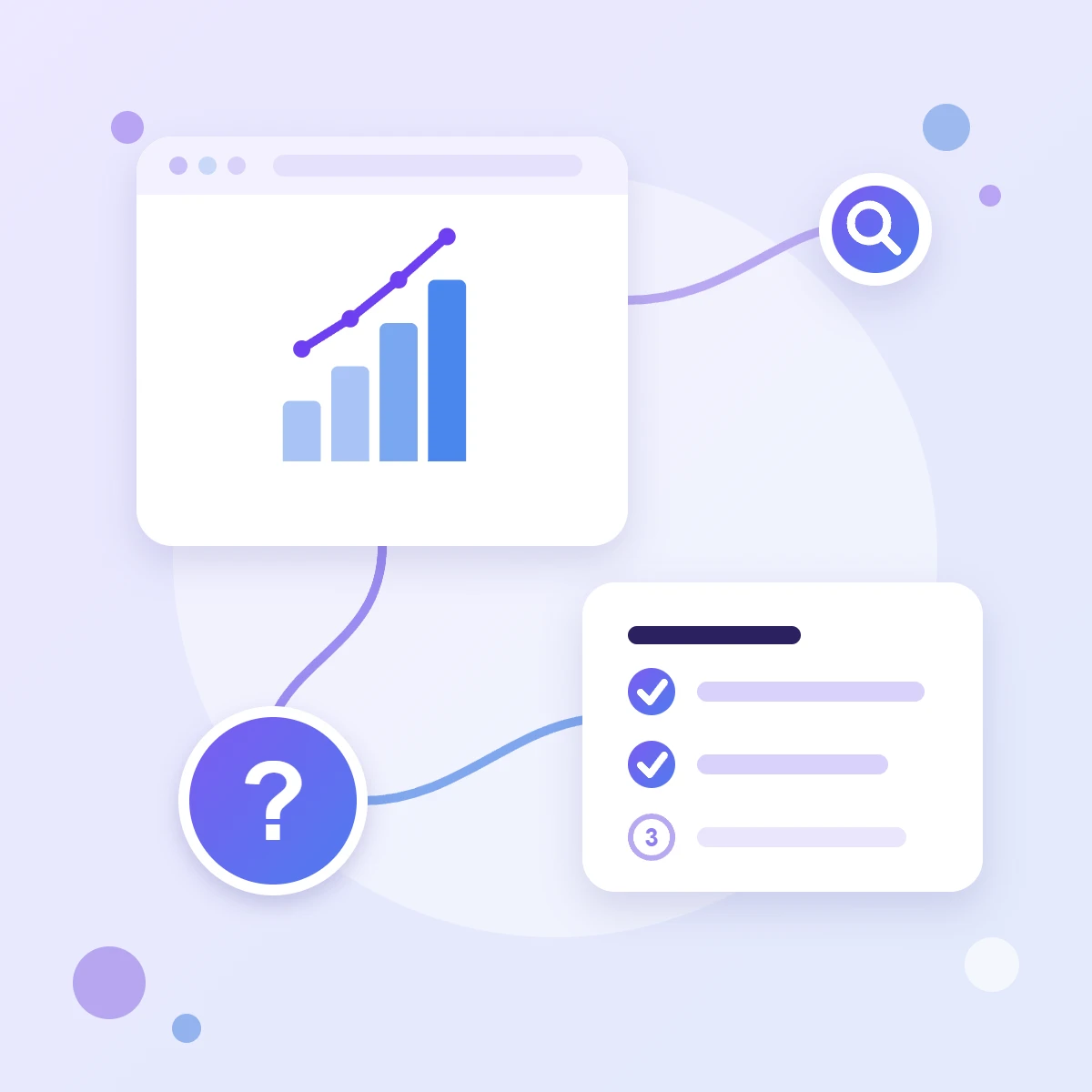 A bar chart with a growth line in a browser window, a step checklist and a question mark — a guide to installing Google Analytics 4