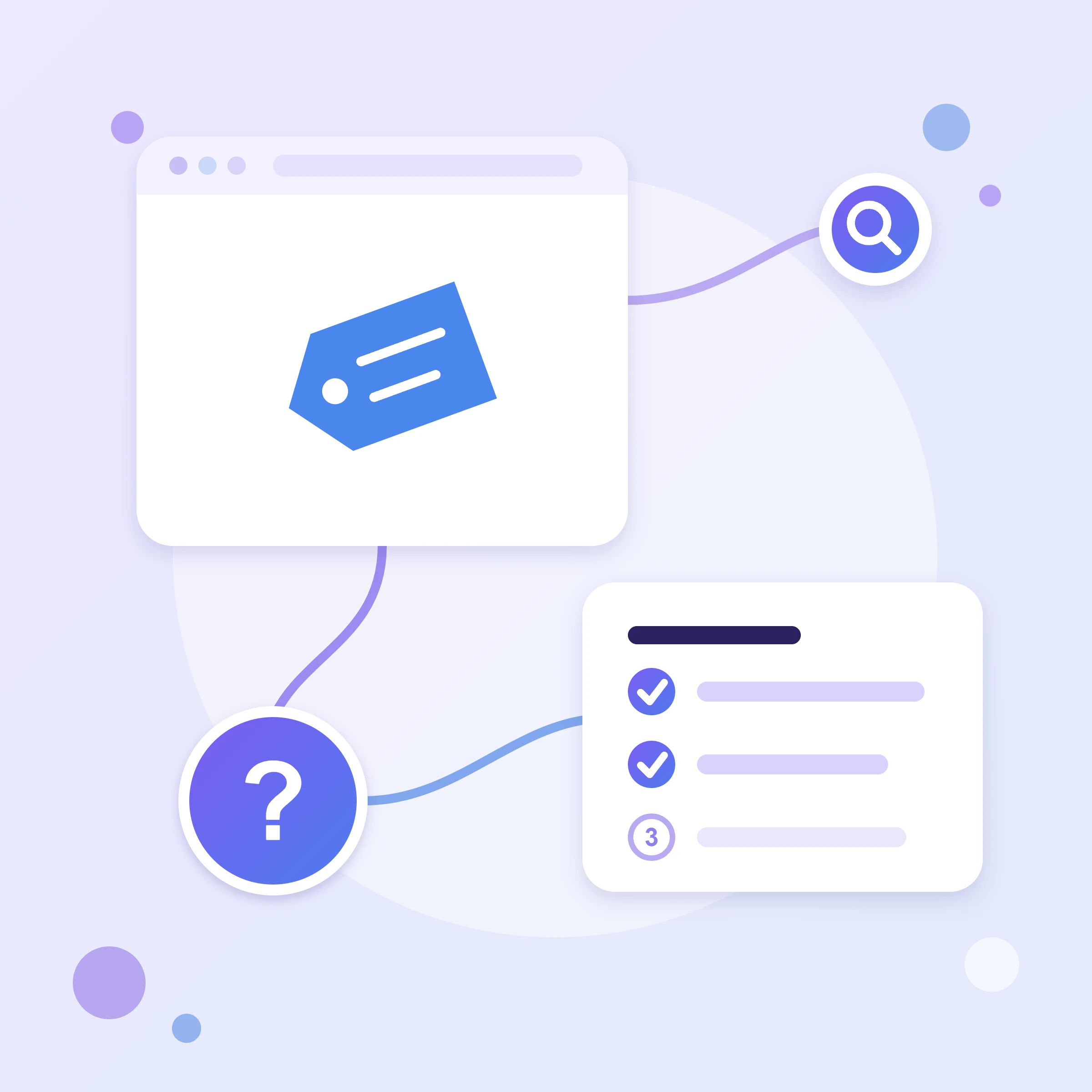 A Tag Manager tag icon in a browser window, a step checklist and a question mark — a guide to installing Google Tag Manager