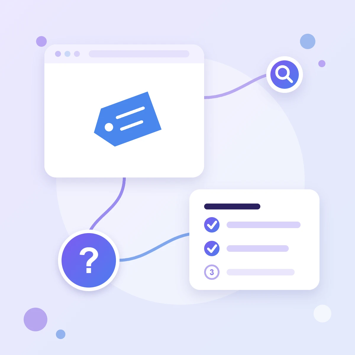 A Tag Manager tag icon in a browser window, a step checklist and a question mark — a guide to installing Google Tag Manager