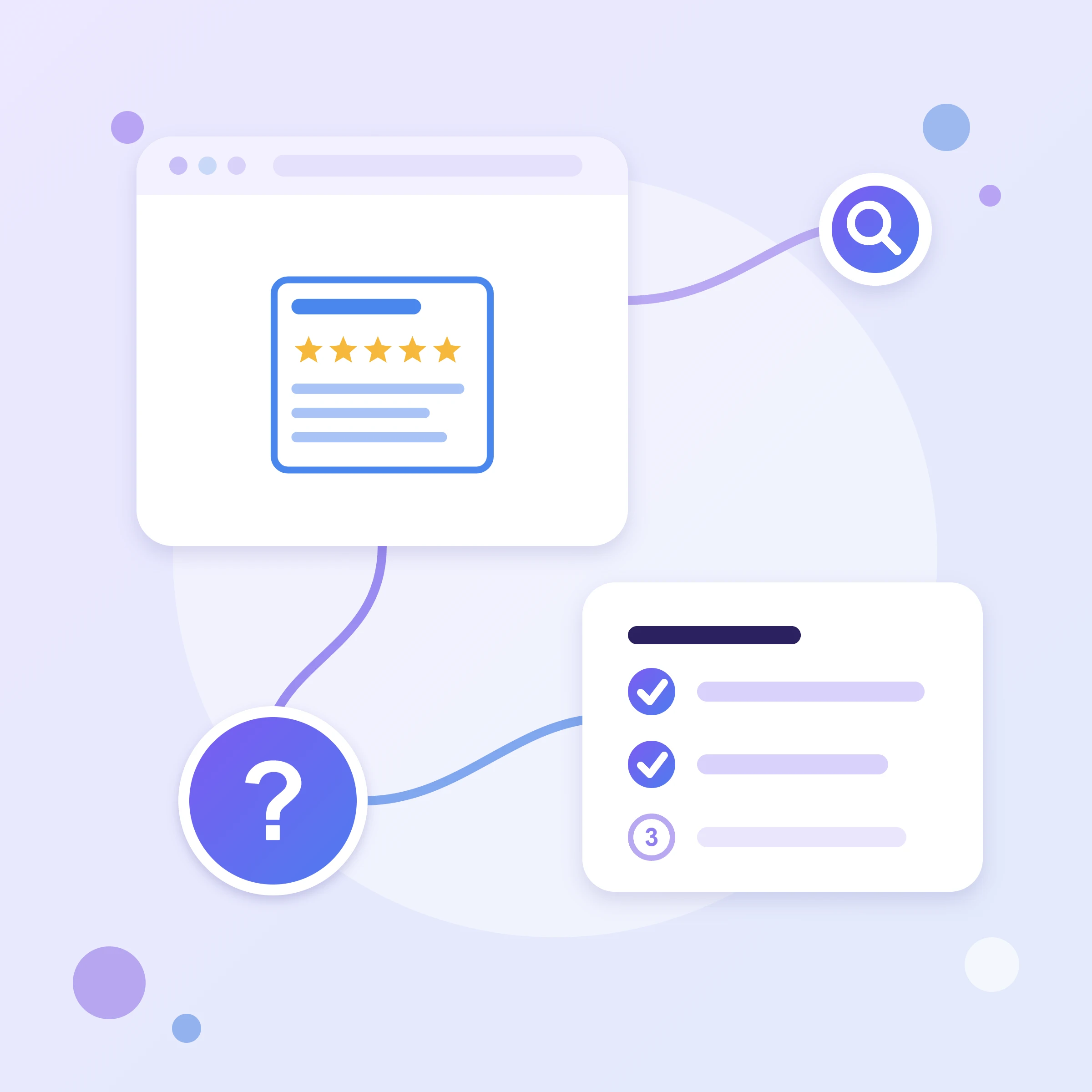 A search result card with stars in a browser window, a step checklist and a question mark — a guide to testing structured data
