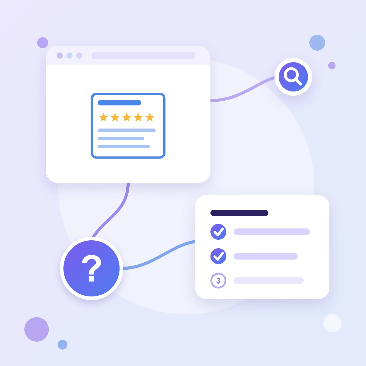 A search result card with stars in a browser window, a step checklist and a question mark — a guide to testing structured data